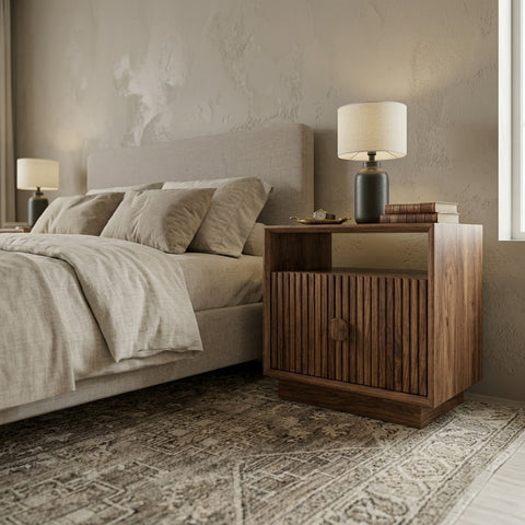 PRITI Dark Walnut Sheesham Wood Bedside Table with Slatted Cabinet