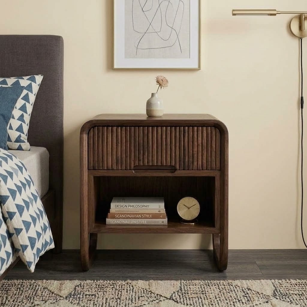 Contemporary Dark Walnut bedside table with drawer and storage