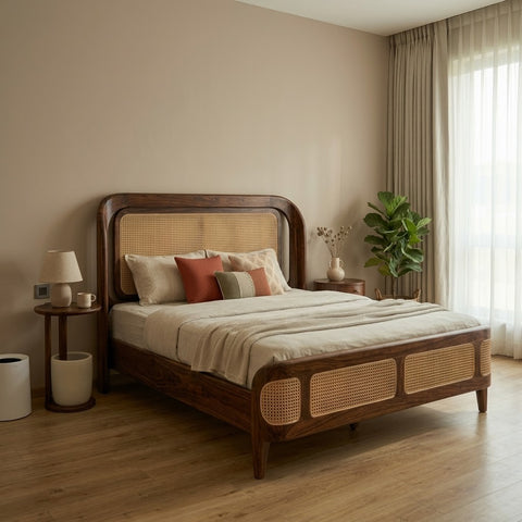 PRITI Cane Headboard King Size Bed in Sheesham Walnut