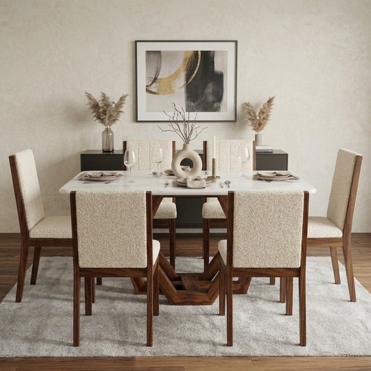 PRITI Premium Marble Top 6 Seater Dining Table Set