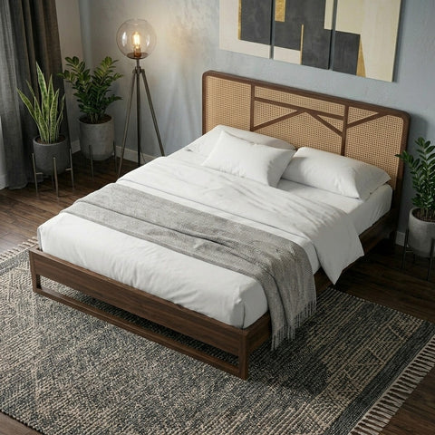 Priti Sheesham Wood & Cane Bed – Walnut