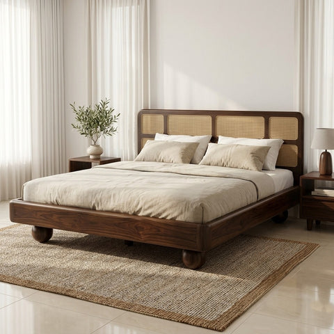 Priti Sheesham Wood Bed with Ball Shaped Legs and Cane Weaving Headboard