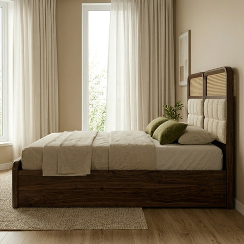 Priti Sheesham Wood Bed with Velvet Headboard