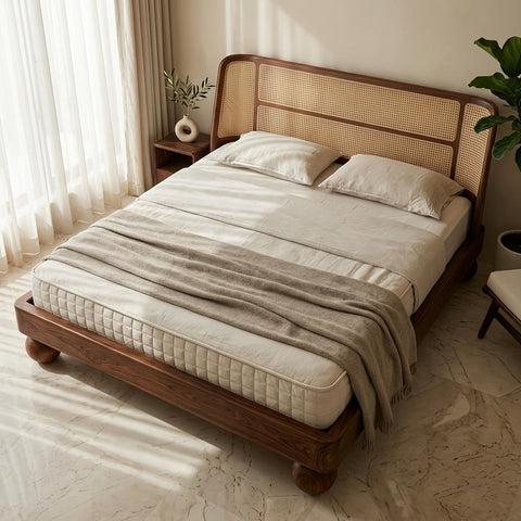 Priti Sheesham Wood Bed with Ball Shaped Legs and Cane Weaving Headboard