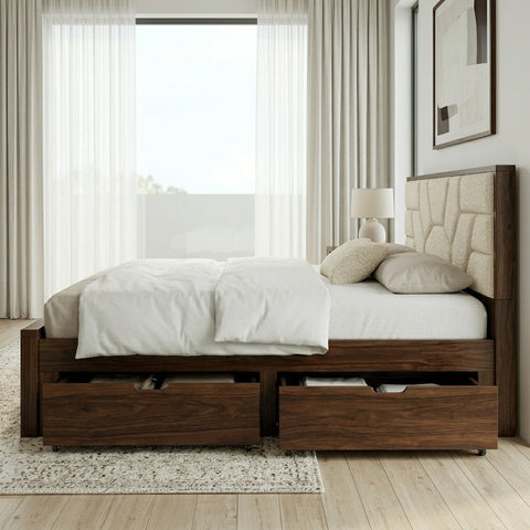 PRITI Premium Sheesham Wood Bed with Fabric Headboard