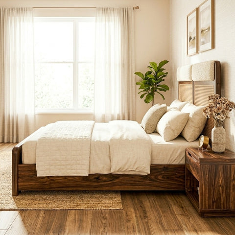 PRITI Sheesham Wood Bed with Velvet Headboard