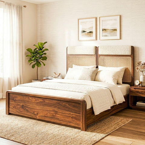 PRITI Sheesham Wood Bed with Velvet Headboard