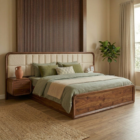 PRITI Sheesham Wood Bed with Velvet Headboard