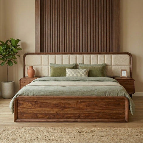 PRITI Sheesham Wood Bed with Velvet Headboard