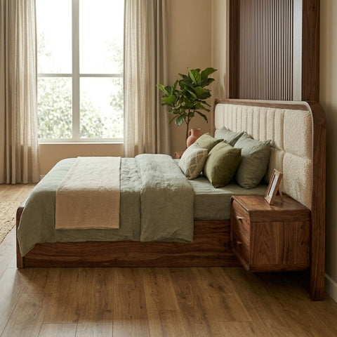 PRITI Sheesham Wood Bed with Velvet Headboard