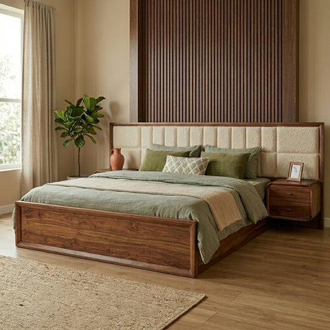 PRITI Sheesham Wood Bed with Velvet Headboard