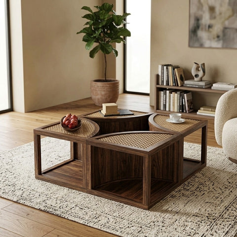 PRITI Cane and Solid Wood Coffee Table | Wooden Coffee Table for Living Room