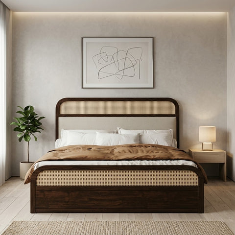 PRITI Wood Solid Wood Bed Natural Rattan Cane Weave & Upholstered Headboard