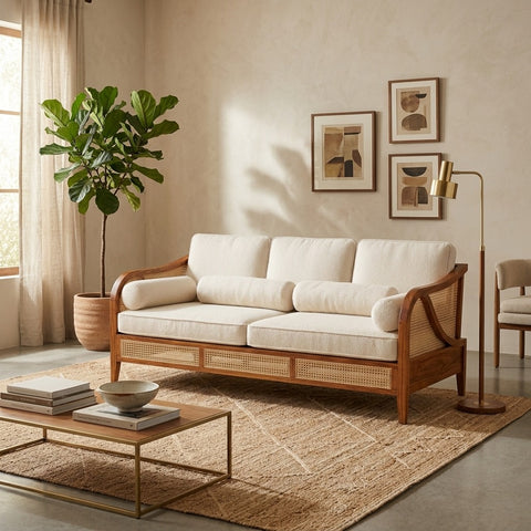 PRITI Sheesham Wood and Cane Sofa for Living Room