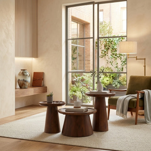 PRITI Brown Mango Wood Round Coffee Table Set of 3