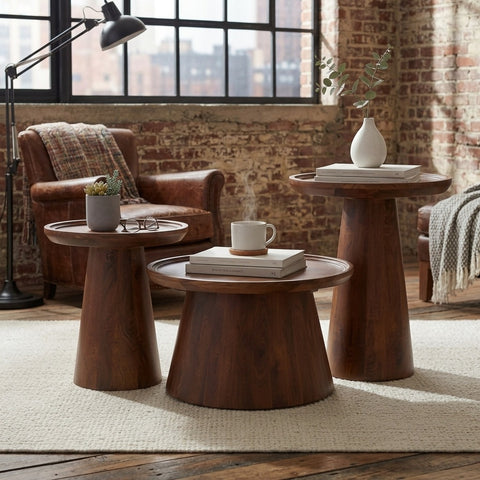 PRITI Brown Mango Wood Round Coffee Table Set of 3