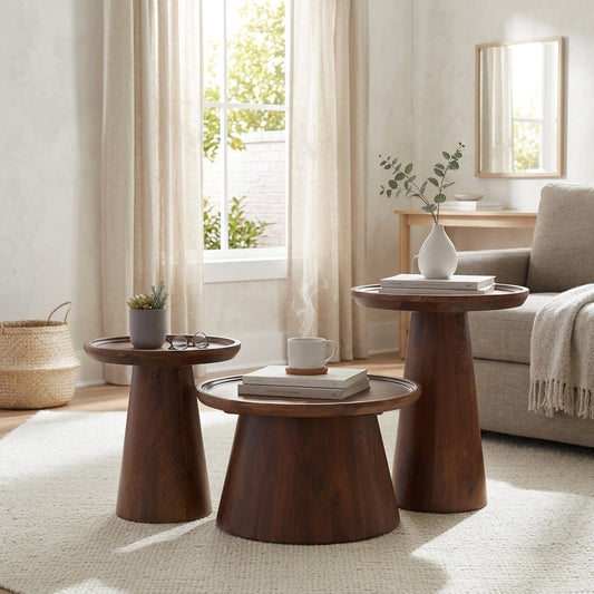 PRITI Brown Mango Wood Round Coffee Table Set of 3