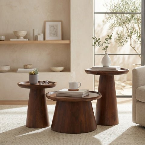 PRITI Brown Mango Wood Round Coffee Table Set of 3