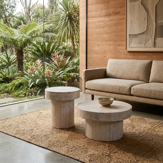 PRITI Mango Wood Round Coffee Table Set of 2
