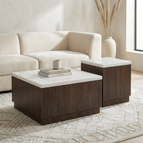 PRITI Basnwara Marble Square Coffee Table with Wood Base Set of 2