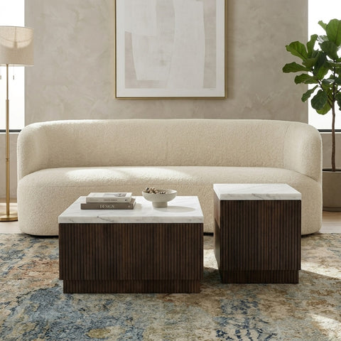 PRITI Basnwara Marble Square Coffee Table with Wood Base Set of 2