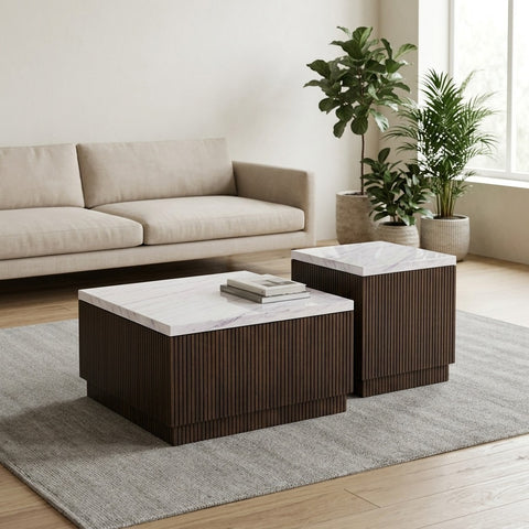 PRITI Basnwara Marble Square Coffee Table with Wood Base Set of 2