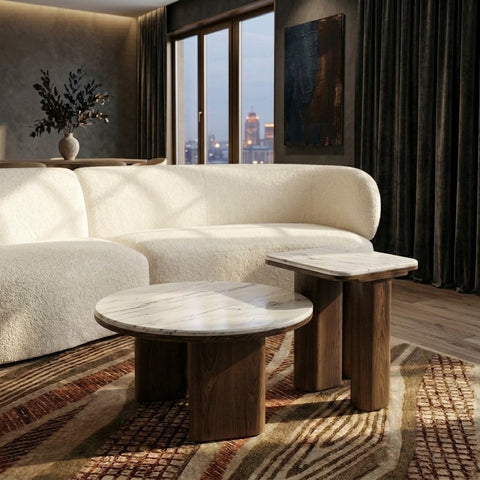 PRITI White Marble Top Wooden Coffee Table Set of 2