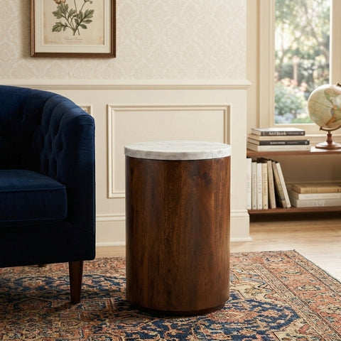 PRITI Mango Wood Side Table with Basnwara Marble