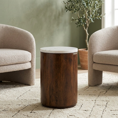 PRITI Mango Wood Side Table with Basnwara Marble