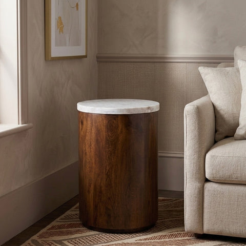 PRITI Mango Wood Side Table with Basnwara Marble