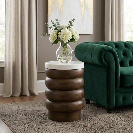 PRITI Mango Wood Side Table with Basnwara Marble