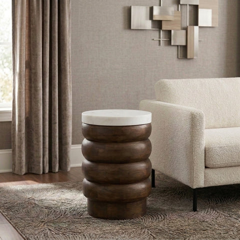 PRITI Mango Wood Side Table with Basnwara Marble