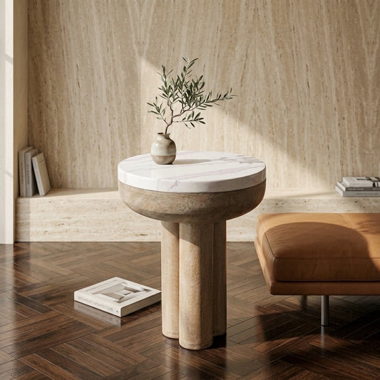PRITI Mango Wood Side Table with Basnwara Marble