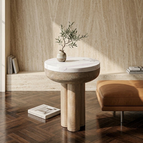 PRITI Mango Wood Side Table with Basnwara Marble