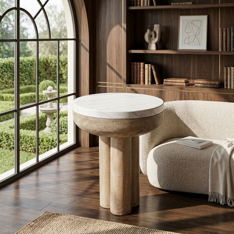 PRITI Mango Wood Side Table with Basnwara Marble