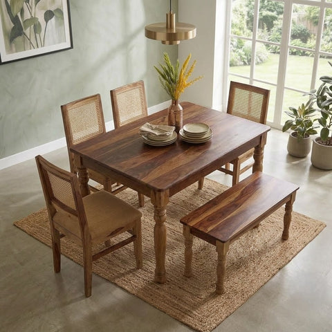 PRITI Round Leg Dining Table With Cane Weave Chairs