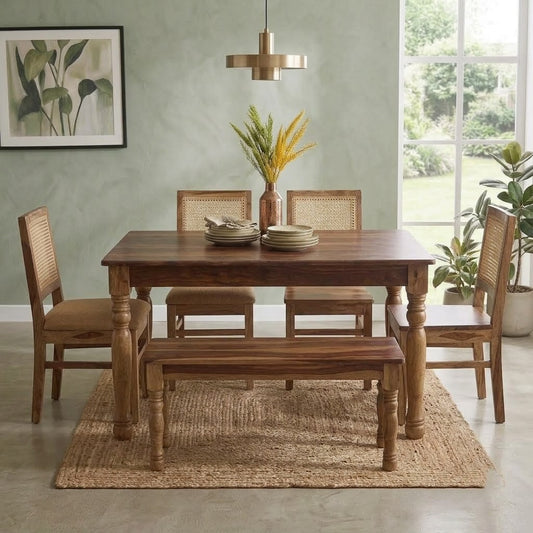 PRITI Round Leg Dining Table With Cane Weave Chairs