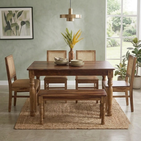PRITI Round Leg Dining Table With Cane Weave Chairs