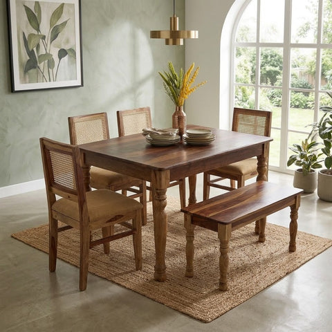 PRITI Round Leg Dining Table With Cane Weave Chairs