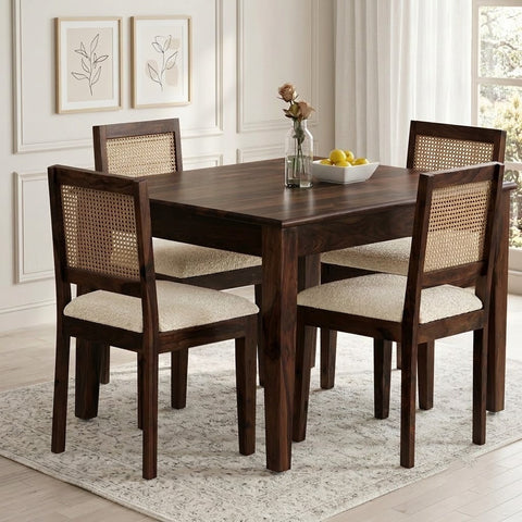PRITI Rattan Solid Wood Cane 4 Seater Dining Table Set