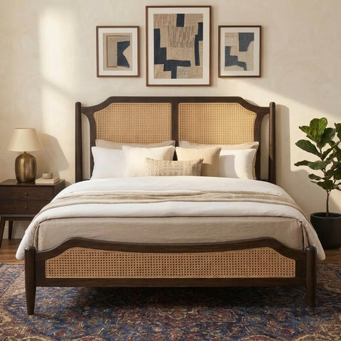 PRITI Dark Walnut Sheesham Wood Bed with Cane Headboard