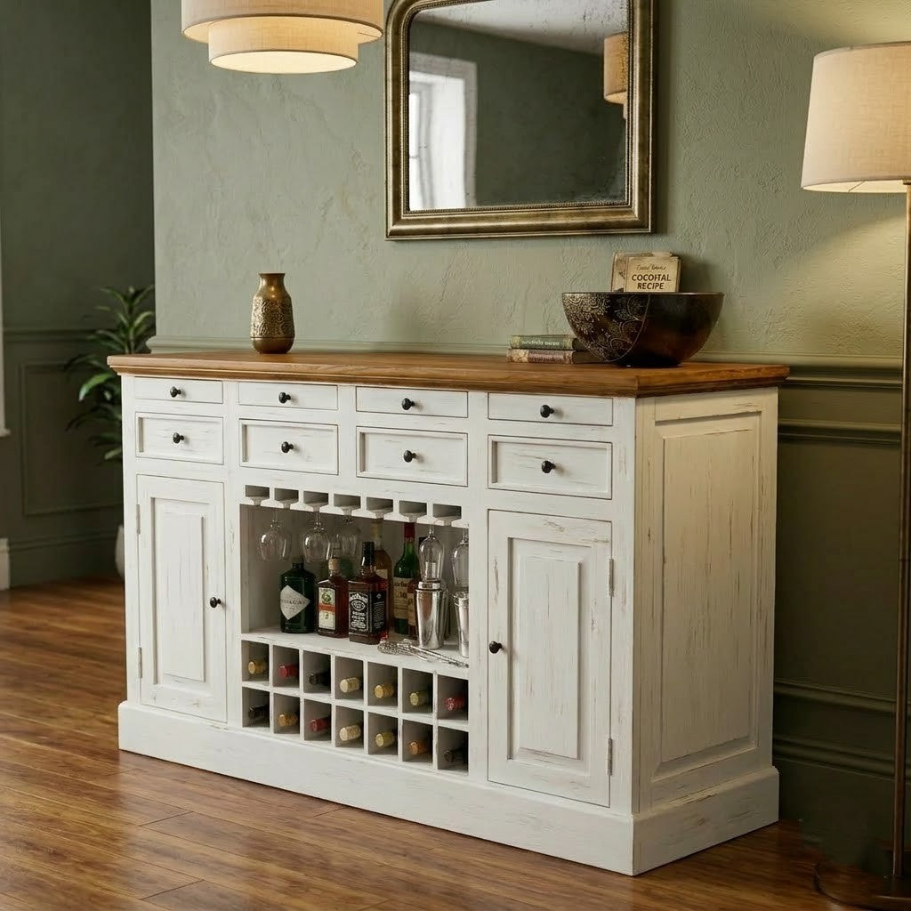 White Distressed Wooden Drink Cabinet Bar Counter | PRITI Home Bar Furniture