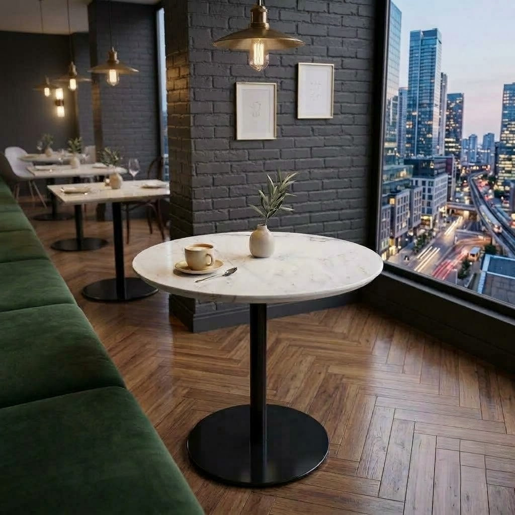 White Quartz Round Dining Table on Black Metal Pedestal 