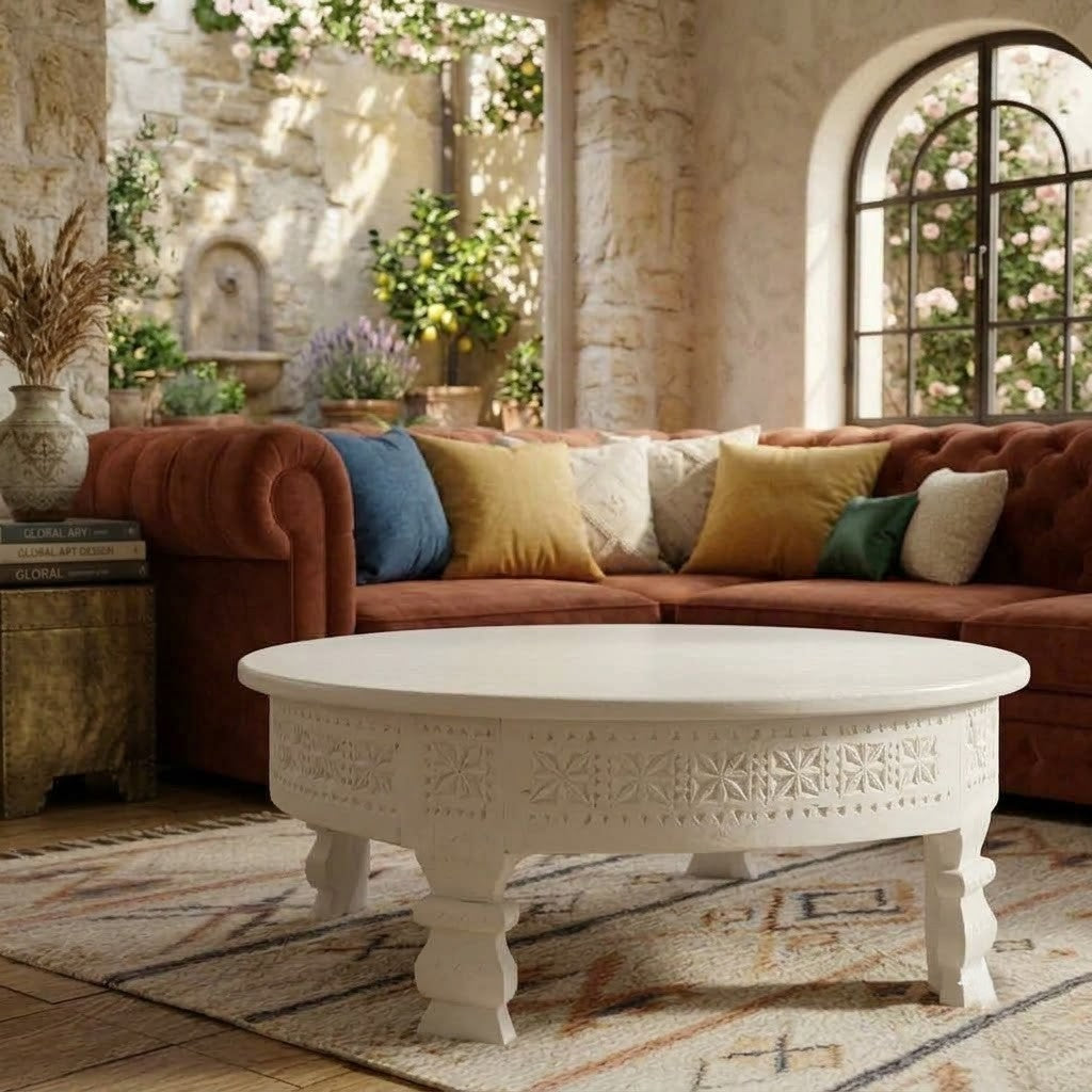 White Sheesham Wood Chakki style center table with carved detailing