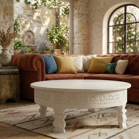 White Sheesham Wood Chakki style center table with carved detailing