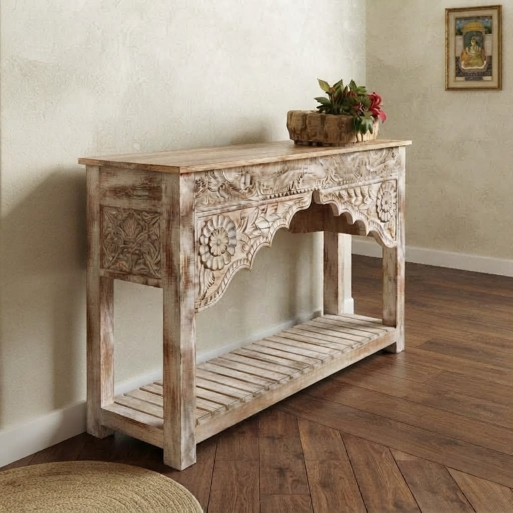 White wash wooden console table for living room and entryway