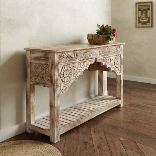 White wash wooden console table for living room and entryway