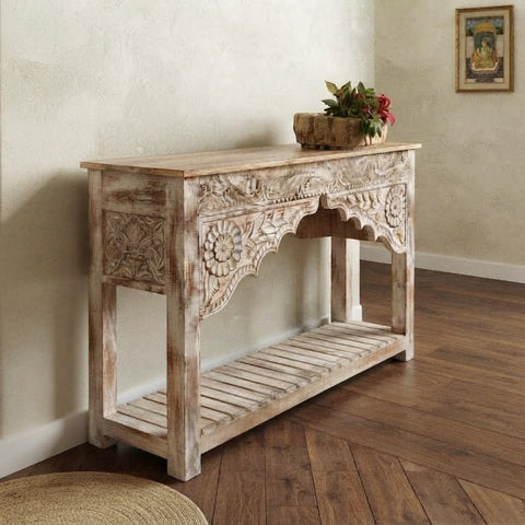 White wash wooden console table for living room and entryway