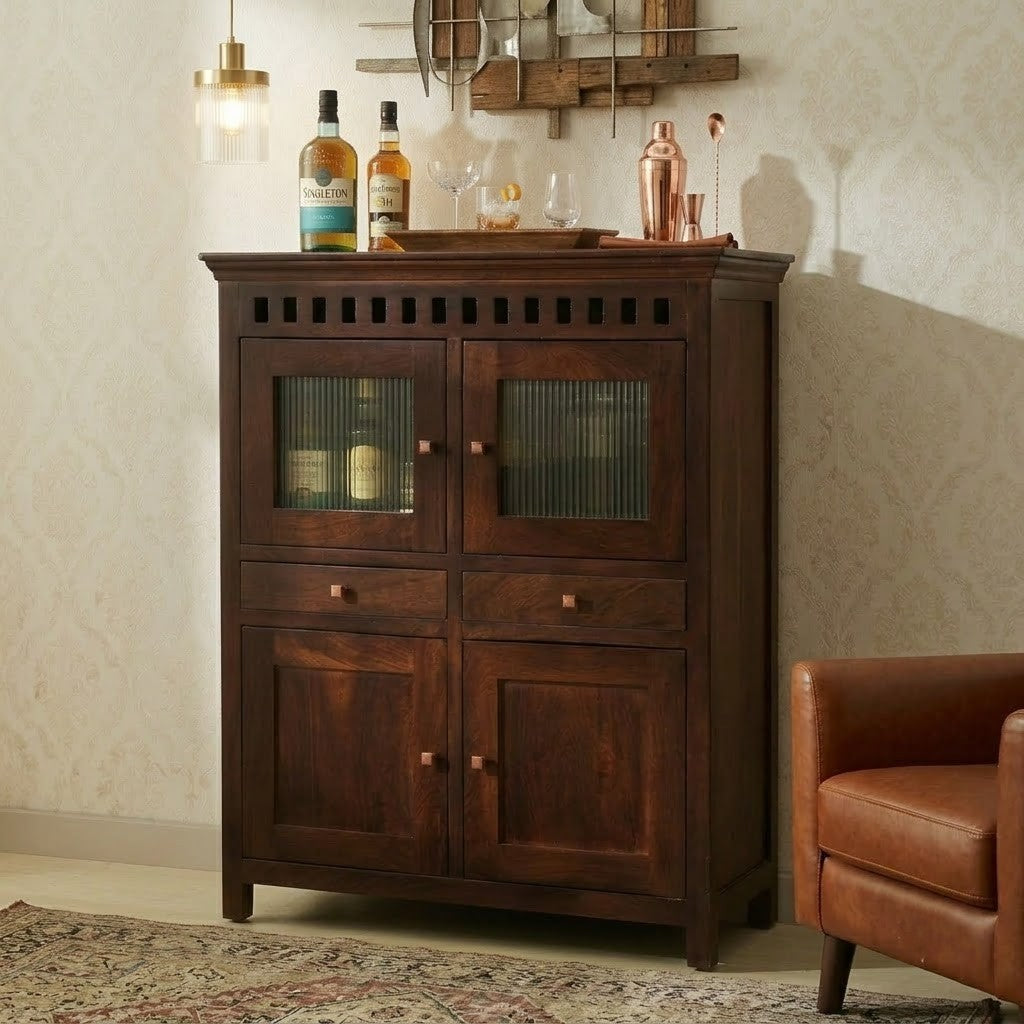 Wooden Bar Cabinet with Glass Doors & Storage – Mango Wood