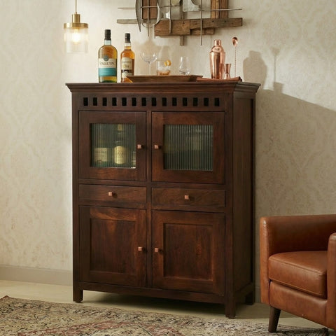 Wooden Bar Cabinet with Glass Doors & Storage – Mango Wood